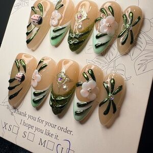 Handmade Beige & Green Floral Press-On Nails